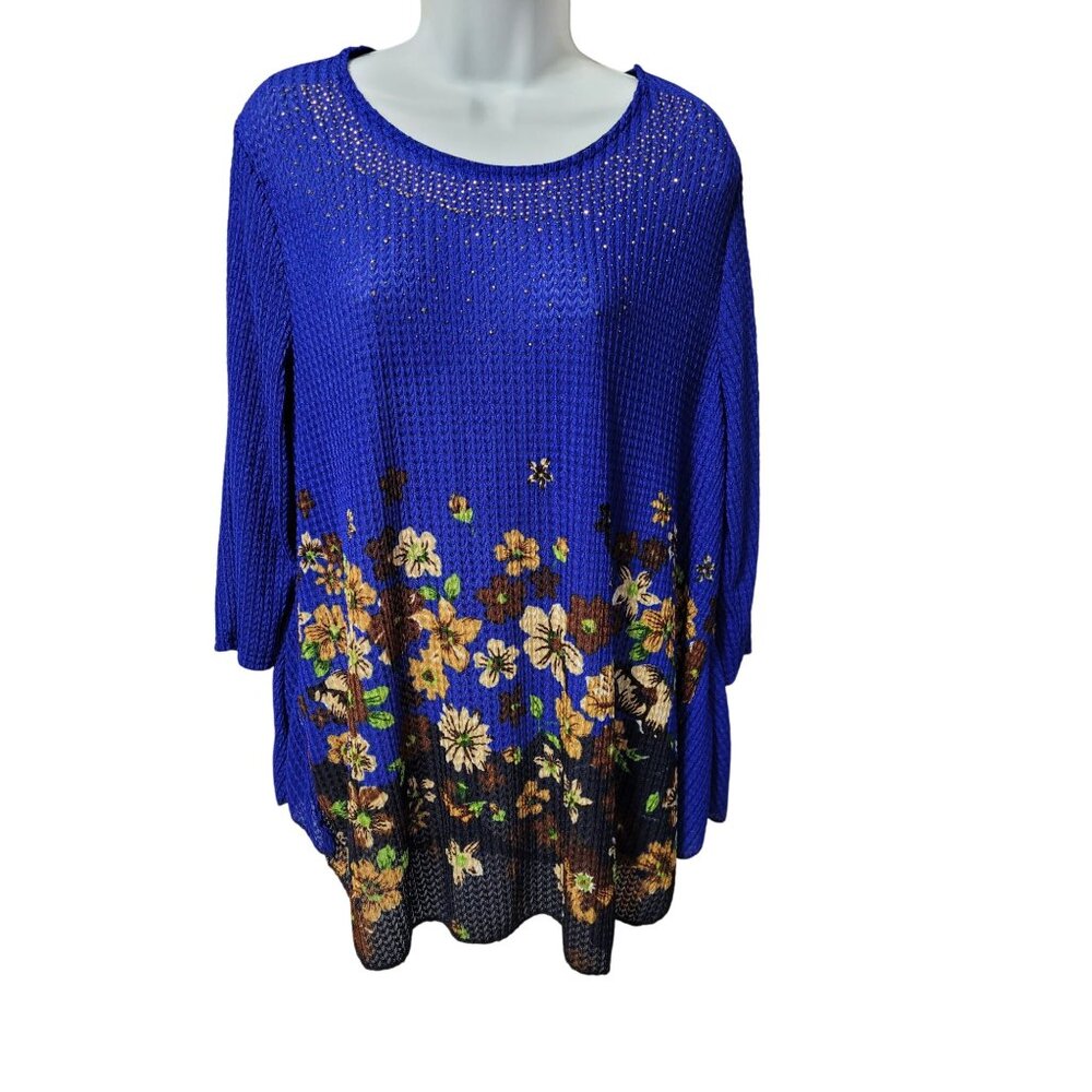 Blue Floral Womens Tunic Top XL Rhinestone Embellished 3/4 Sleeve Stretch - Picture 1 of 9